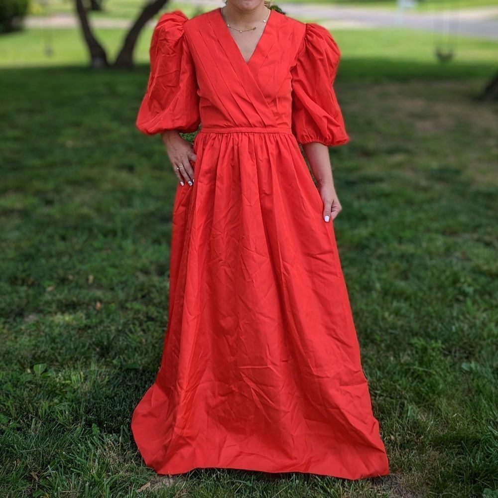 Vintage Bright Red Puff Sleeve 1960s Bridesmaid Dress Handmade Size Medium